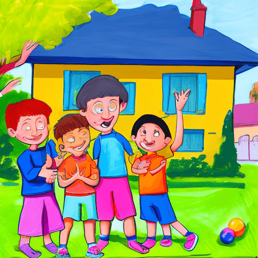 AI generated: group of 5 kids playing in front of a house, bright colors, cartoon