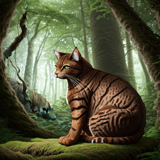AI generated: side view of a nice, wise, giant brown cat sitting in a prehistoric forest, looking down, side view,...