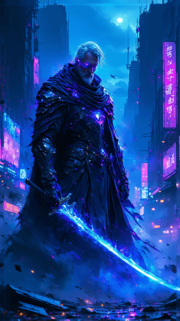 AI generated: A **legendary warrior** stands defiantly amidst the **chaos of a futuristic cyberpunk battlefield**,...