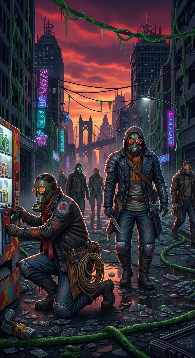 AI generated: a ragged band of post-apocalyptic survivors, clad in weathered leather jackets patched with scraps o...