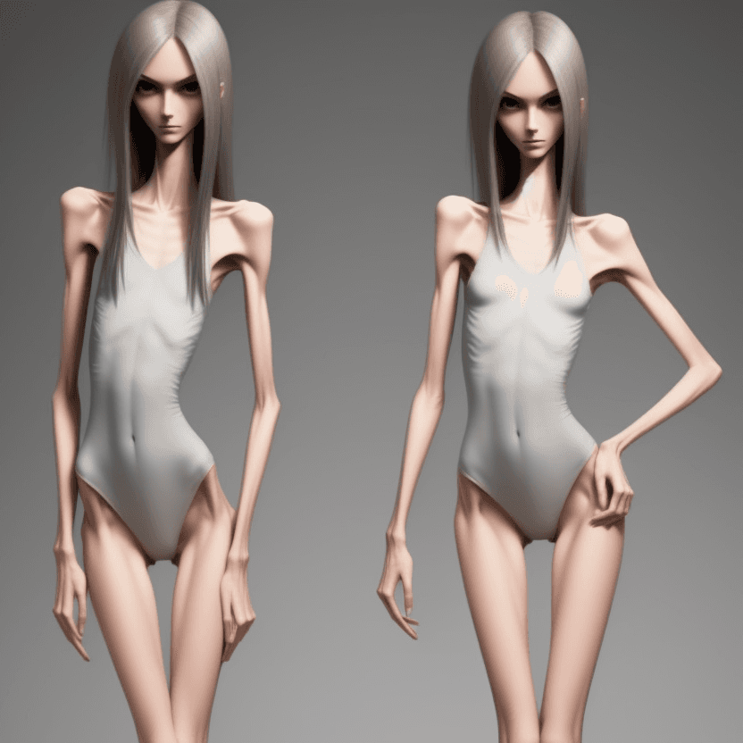 AI generated: extreme beautiful skinny slender (almost anorexic)  girl with skinny slender thighs narrow, 
