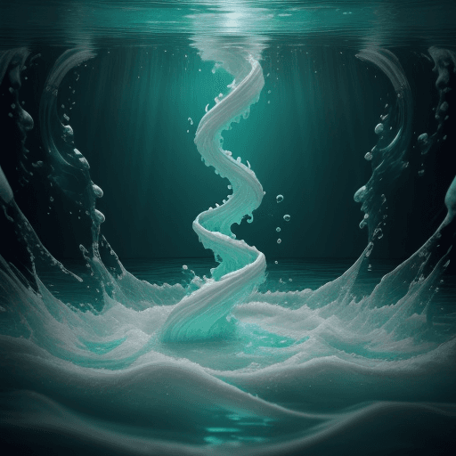 AI generated: render, letter [DJ], white color, under the water, swirling water currents, bright light emanating f...