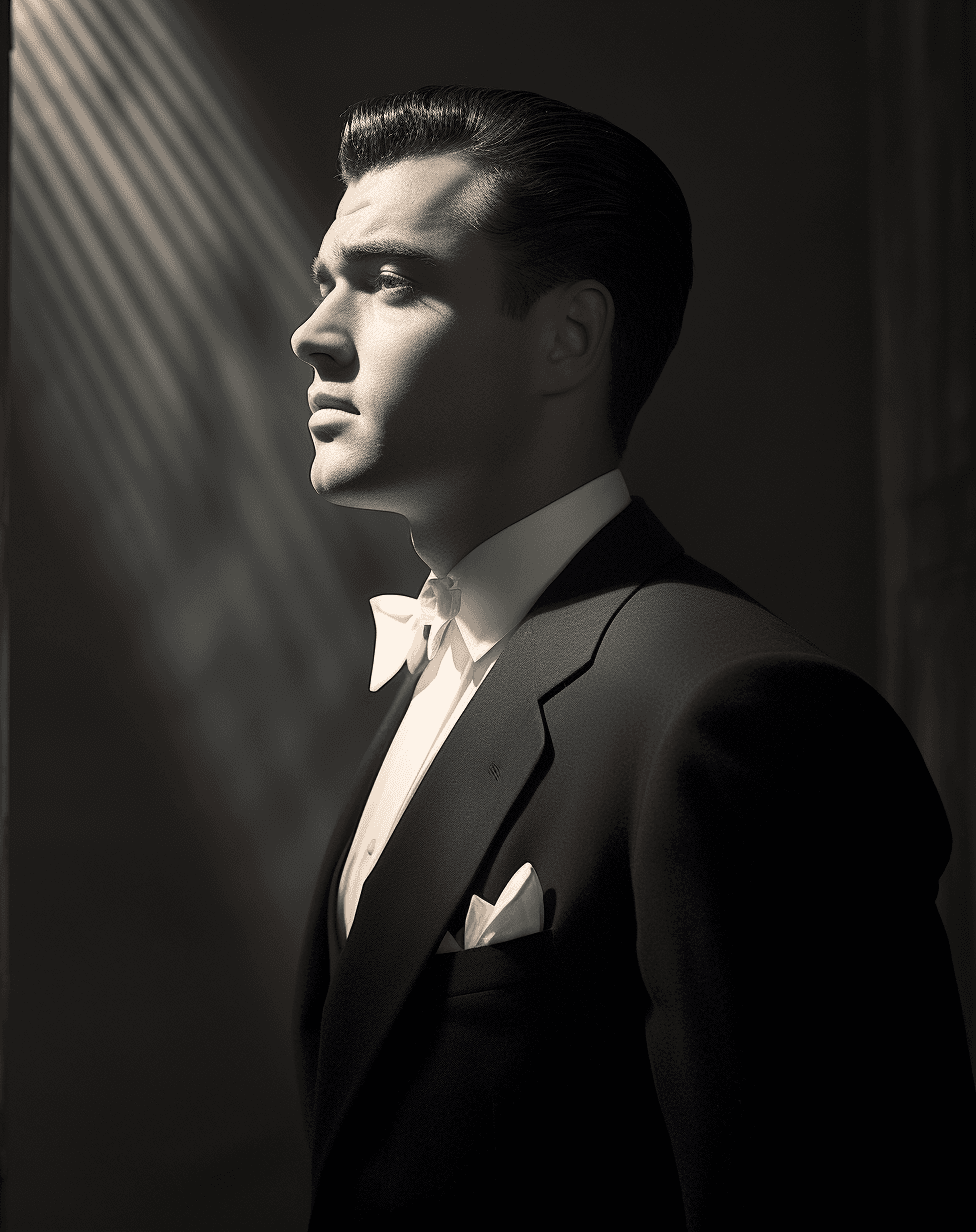 AI generated: a black and white photograph of a man leaning against a wall, in the style of glamorous hollywood po...