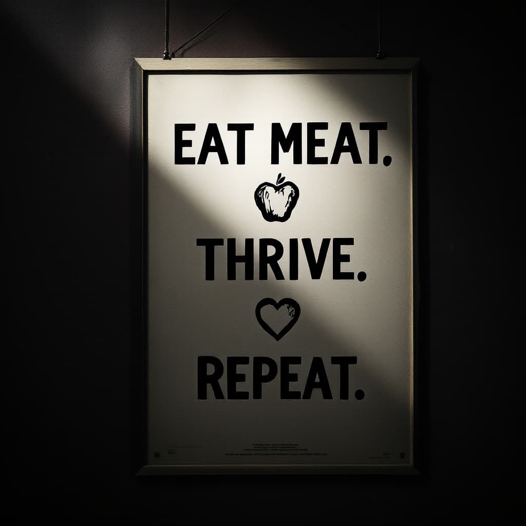 AI generated: darker image of poster that says on it.
Eat Meat.
Thrive.
Repeat.
Photography

