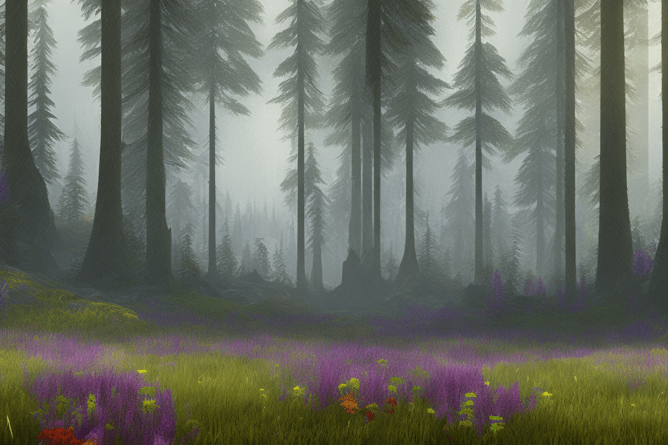 AI generated: pacific northwest, forest, wildflowers, raining, unreal engine, 4k detailed digital art, epic dreaml...
