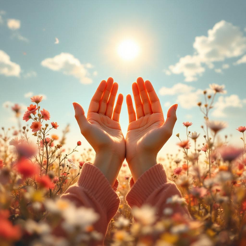 AI generated: only hands for nikah, micro art, them standing in the flowerly or heavenly place basking in the sun,...