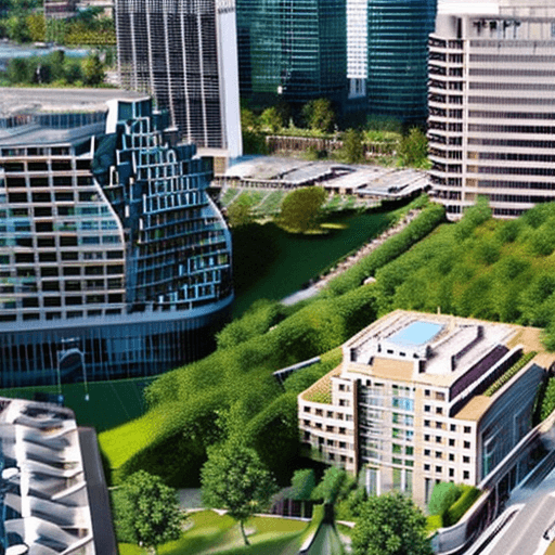 AI generated: Zoomed out photo of a clean city space with high rise buildings and with plenty of green spaces