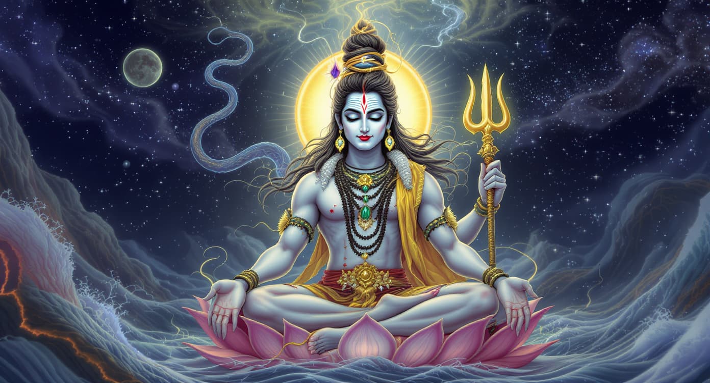AI generated: Lord Shiva meditating serenely at the bottom of a cosmic ocean, seated on a stone lotus throne. ash-...