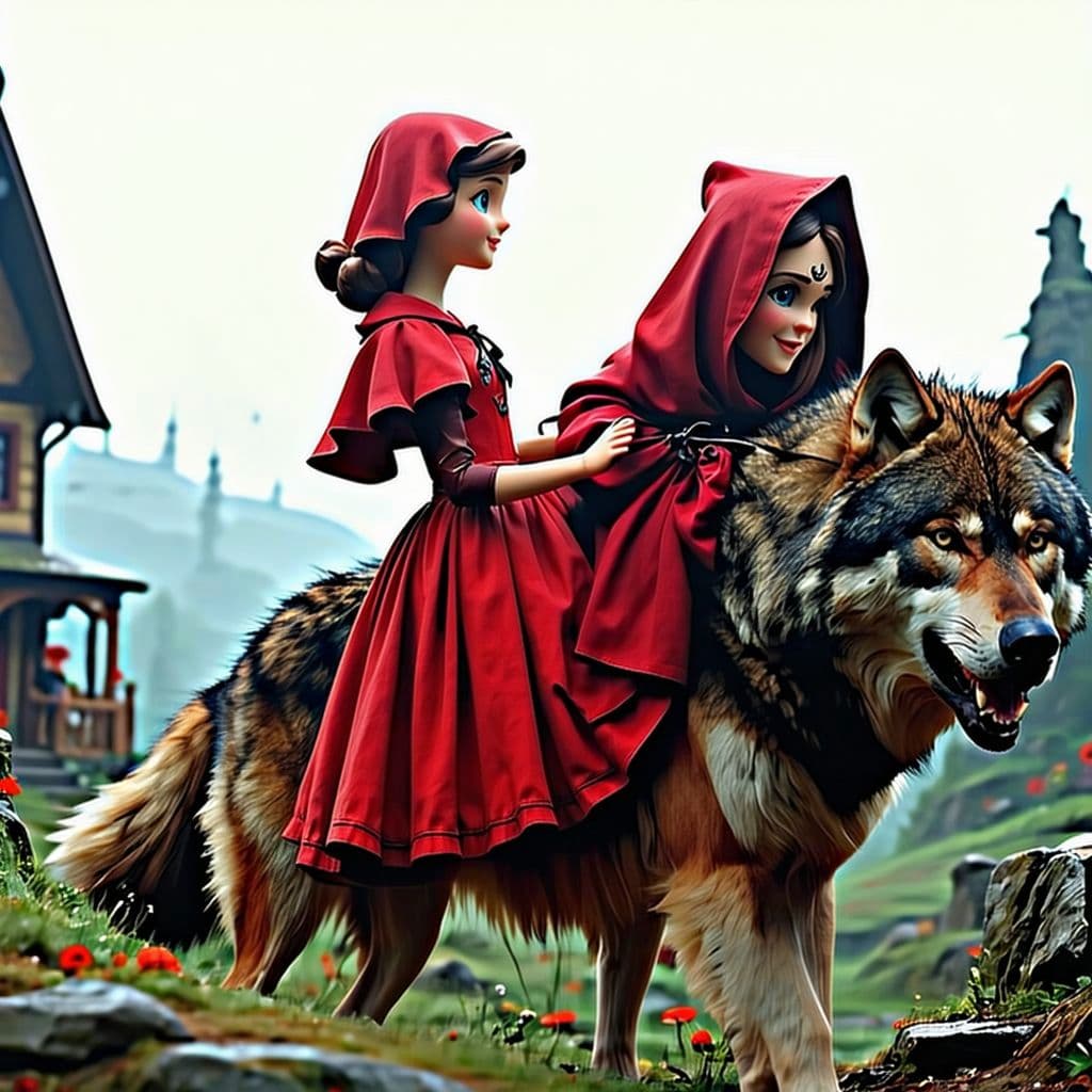 AI generated: ultra realism style, little red riding hood with a thin body, she is seen riding the big bad wolf to...