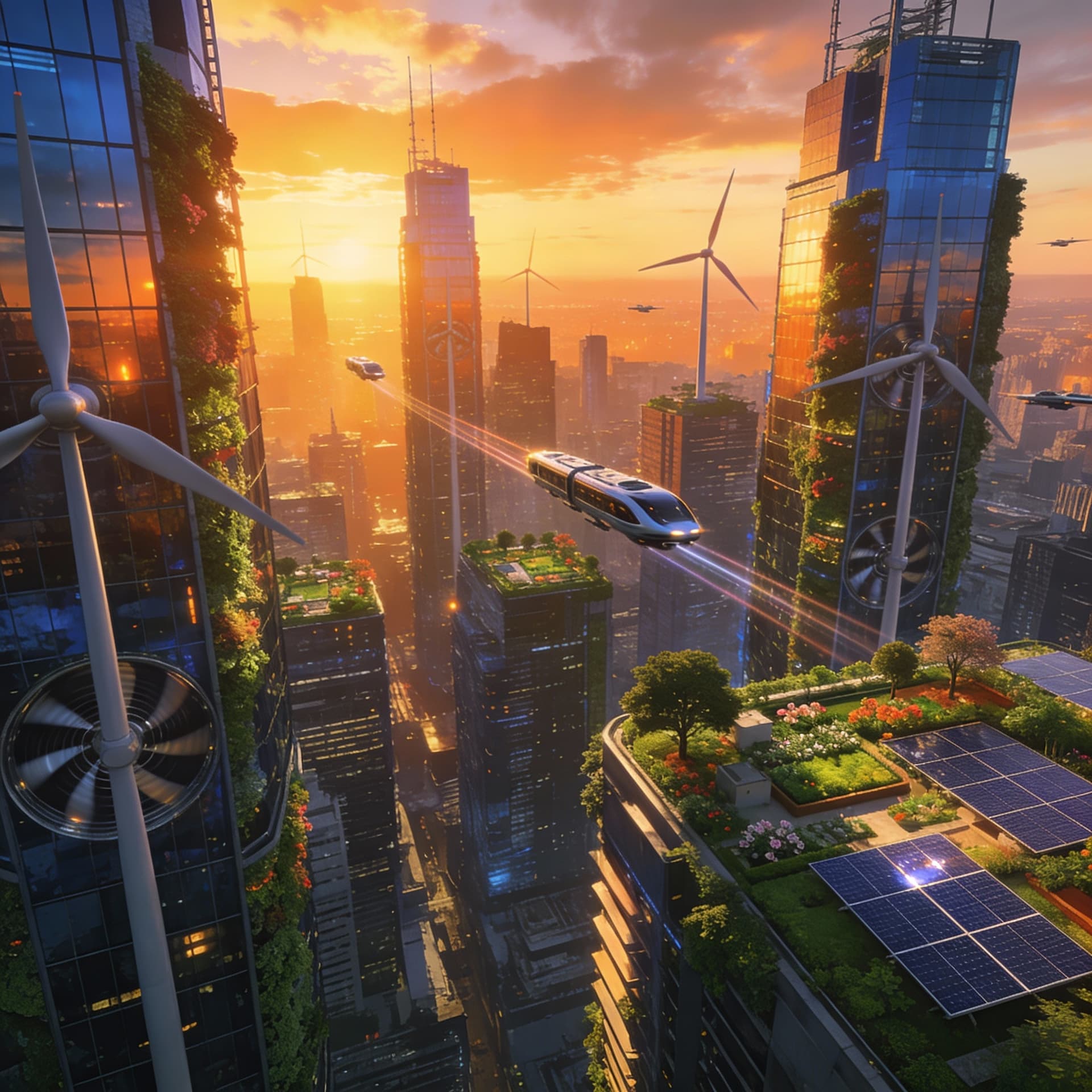 AI generated: A breathtaking megacity skyline at sunset, where every skyscraper is integrated with colossal, silen...