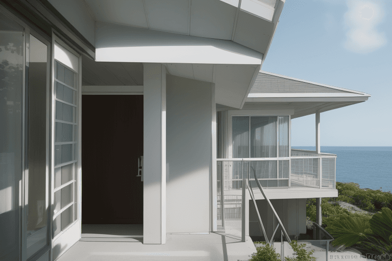 AI generated: Low angle, dolly shot, hyper realistic, exterior photo of a mid century modern style house overlooki...