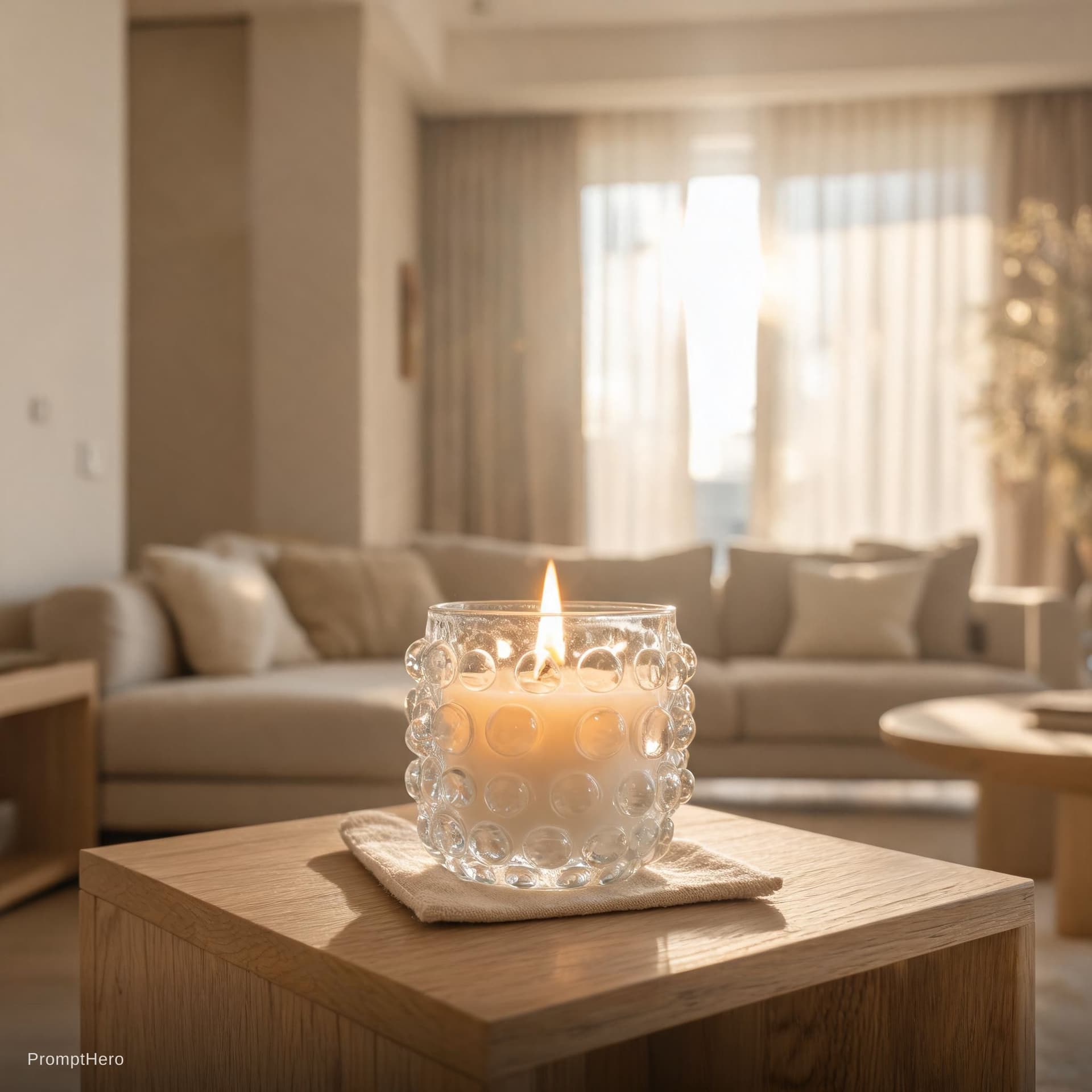 AI generated: A burning bubble candle in a stylish modern apartment, placed on a wooden table, warm ambient lighti...