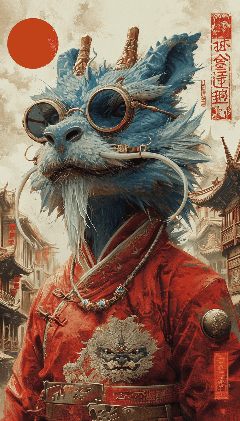 AI generated: poster of a blue dragon with sunglasses, in the style of orient-inspired, post-apocalyptic surrealis...