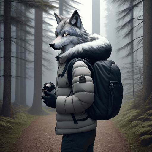 AI generated: furry, fursona, anthro, wolf male, anthropomorphic, clothed, puffy jacket, backpack, (subject on the...