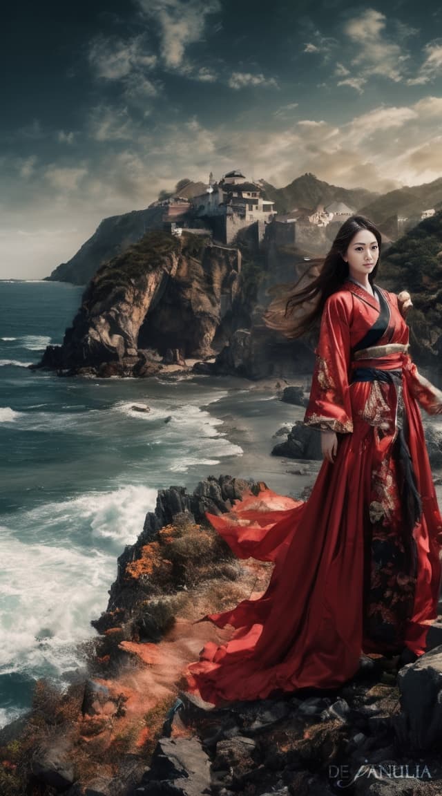 AI generated:  hyper-realistically drawn fantasy japan china asia long dress costumes, beautiful female assassin s...