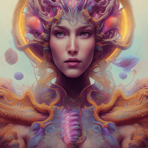 AI generated: Goddess close-up portrait ribcagel. jellyfish phoenix head, nautilus, orchid, skull, betta fish, bio...
