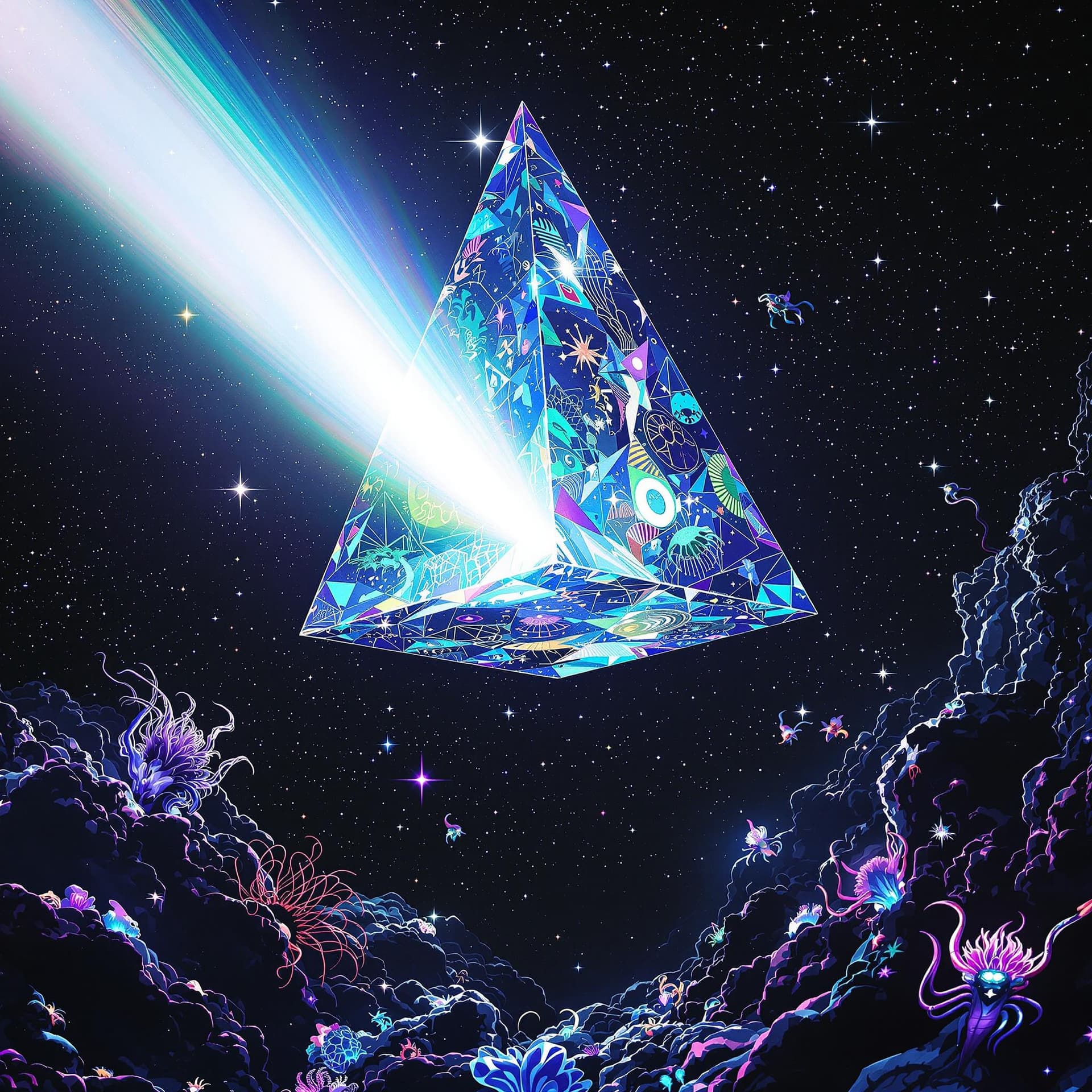 AI generated:  Trippy, psychedelic, and surreal, A giant, clear three-sided prism floating in outer space with whi...