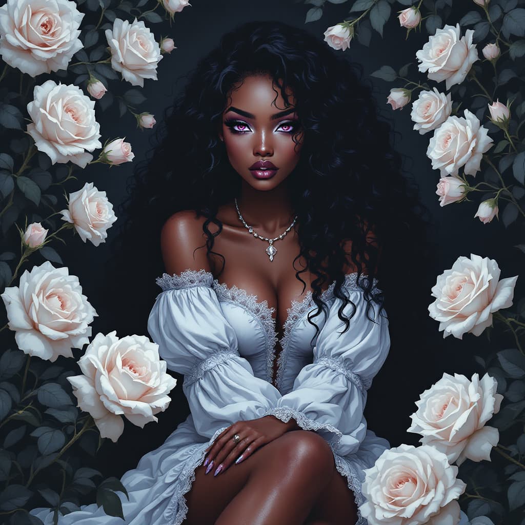 AI generated: gothic anime style,a Girl is cold and arrogant,dark mocha skin, white makeup,purple eyes, long black...
