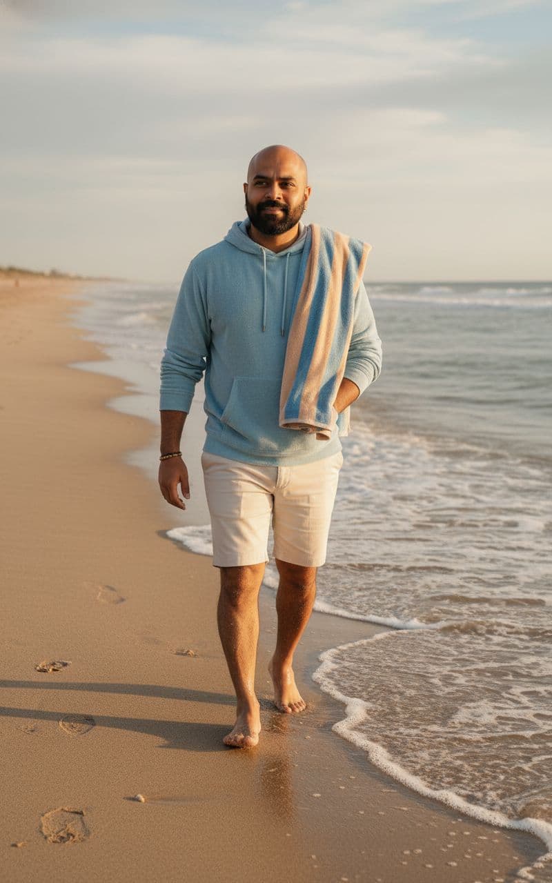 AI generated: Subject: A relaxed late-20s man. Clothing: Light blue terry cloth hoodie, tailored cream-colored sho...