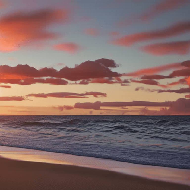 AI generated: photorealistic oil on canvas,
soaring sky, sparse clouds above a beach below,
beautiful setting, eve...