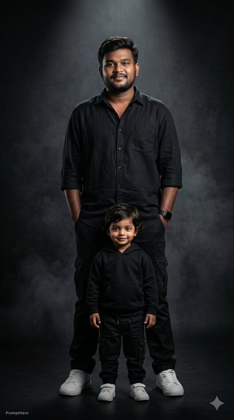 AI generated: Ultra-realistic 9:16 vertical dark cinematic father-son full-body portrait. STRICT FACE LOCK: Use up...