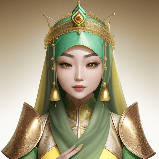 AI generated: a close up of a Chinese Muslim woman with long Jade hijab wearing a gold crown, she has Jade hijab w...