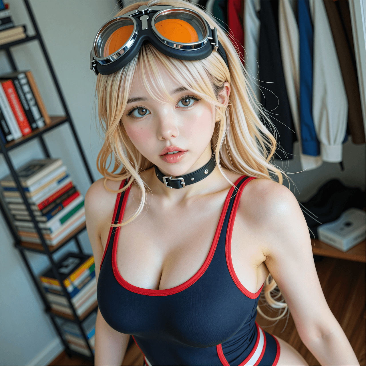 AI generated: A photorealistic high-angle selfie of a cute young Asian cosplayer with long wavy strawberry-blonde ...