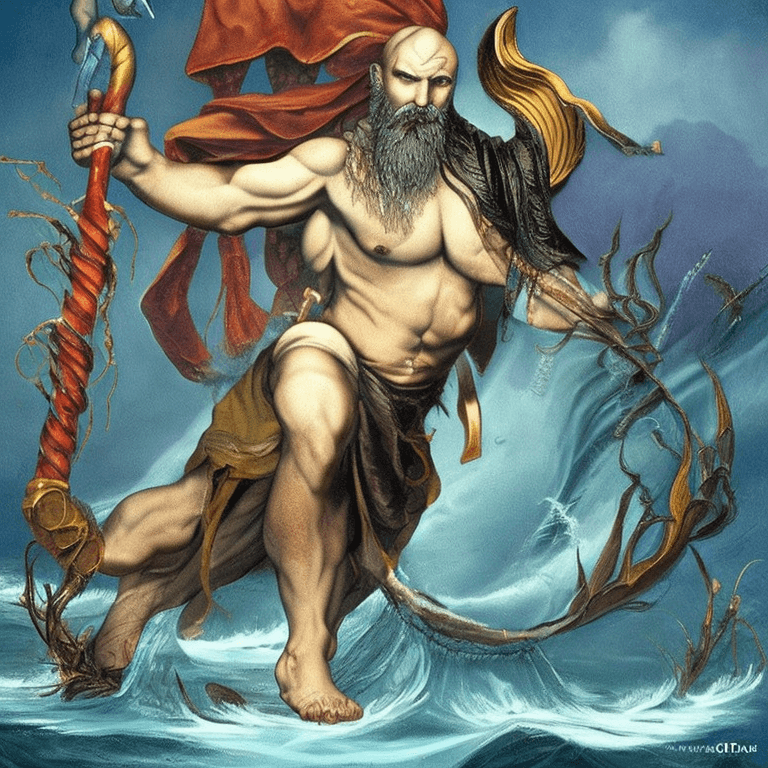 AI generated: God of war(greek roman mythology:Poseidon),churl(muscle body),In the endless blue sea,A proud and pi...
