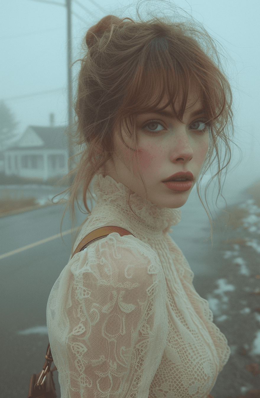 AI generated: girl standing on a foggy pavement while holding her purse, in the style of yigal ozeri, video, beach...
