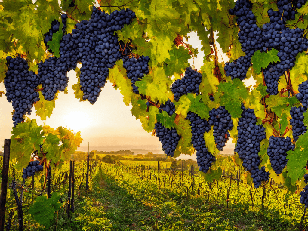 AI generated: bunches of big grapes are hanging from a vine in a vineyard at sunset grape field with skyline view,...
