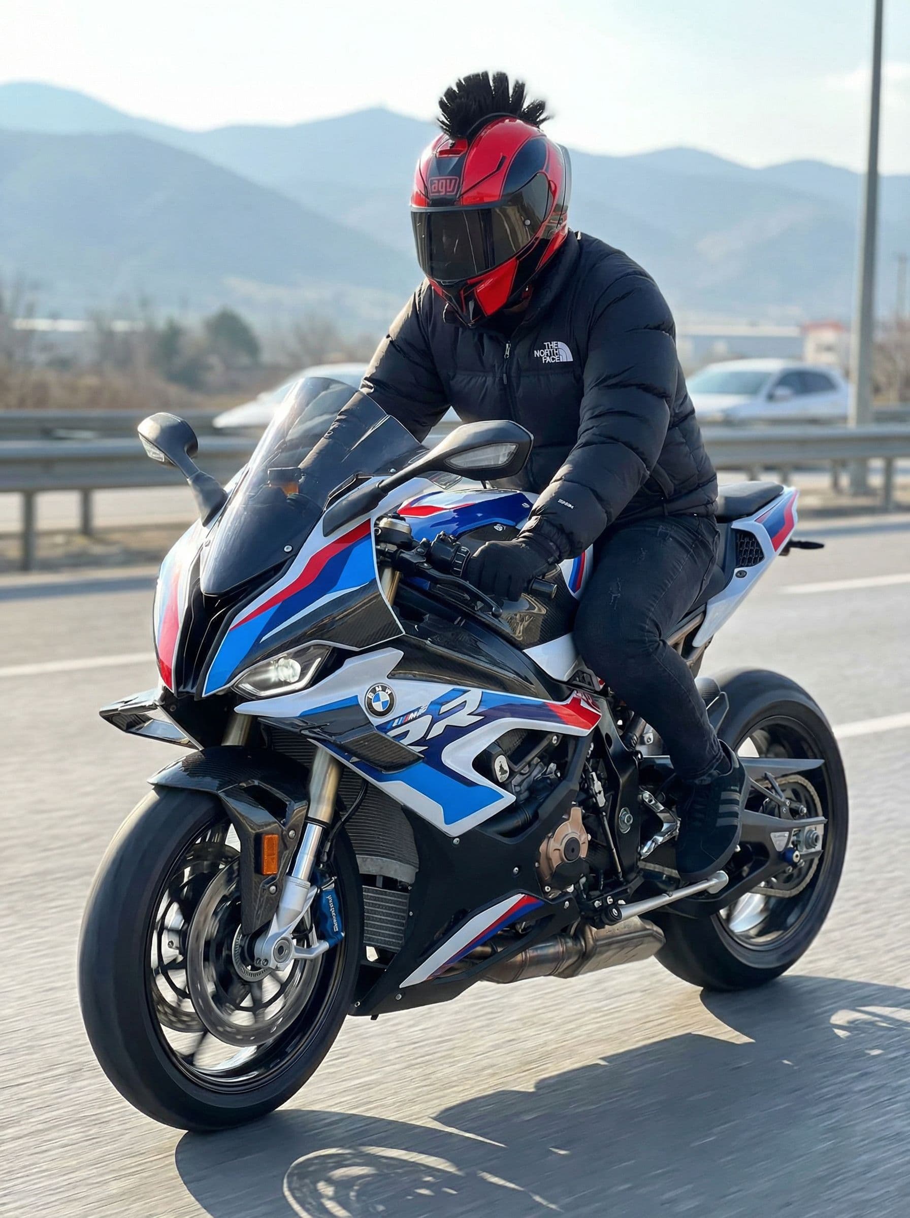AI generated: Adding me on this bike wearing black Northface jacket and black jeans , black matte Adidas (Gazelle)...