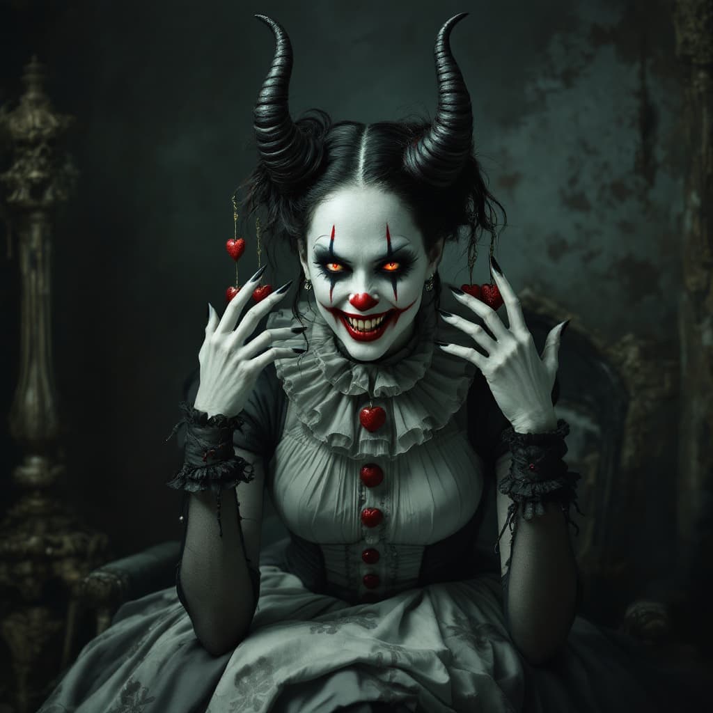 AI generated: A gothic, creepy clown woman with a sinister smile and white face paint, wearing a tight vintage Vic...