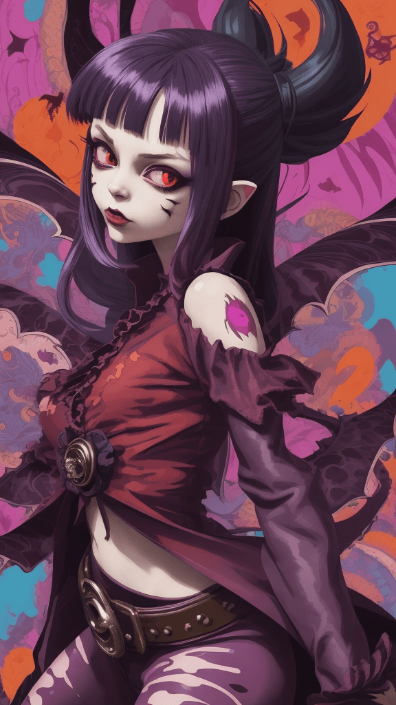 AI generated: funky background portrait of little 
Vampire woman. in the arm now, Prominent eyes, funky background...