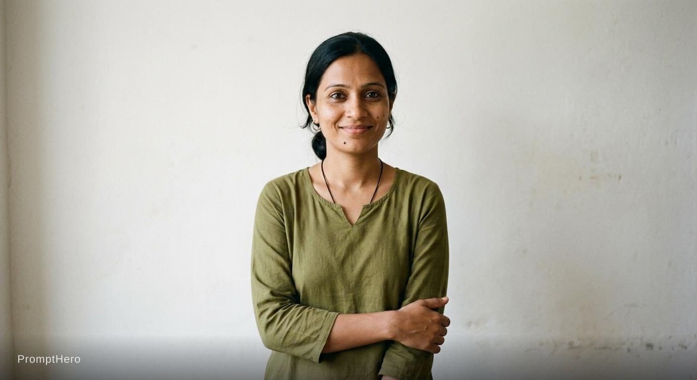 AI generated: Realistic Indian woman, 32 years old, medium wheatish skin tone, expressive dark brown eyes, straigh...