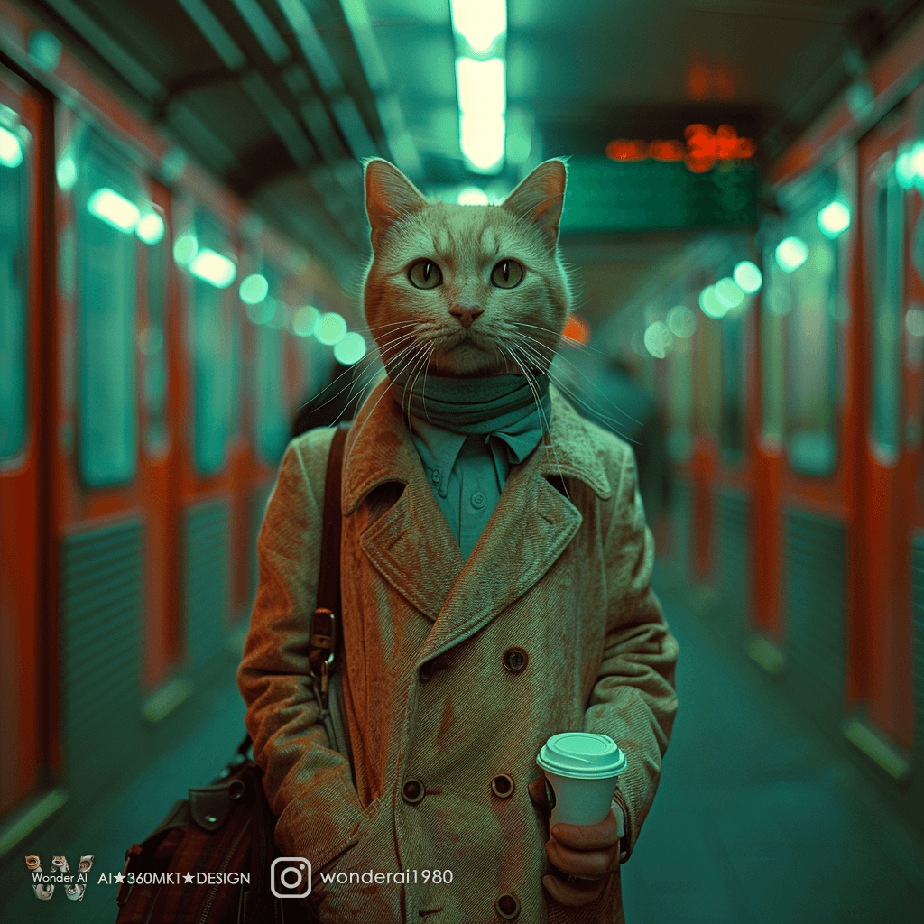 AI generated: anthropomorphic cream cute cats wearing Suit, briefcase, cellphone, coffee cup standing alone in a s...