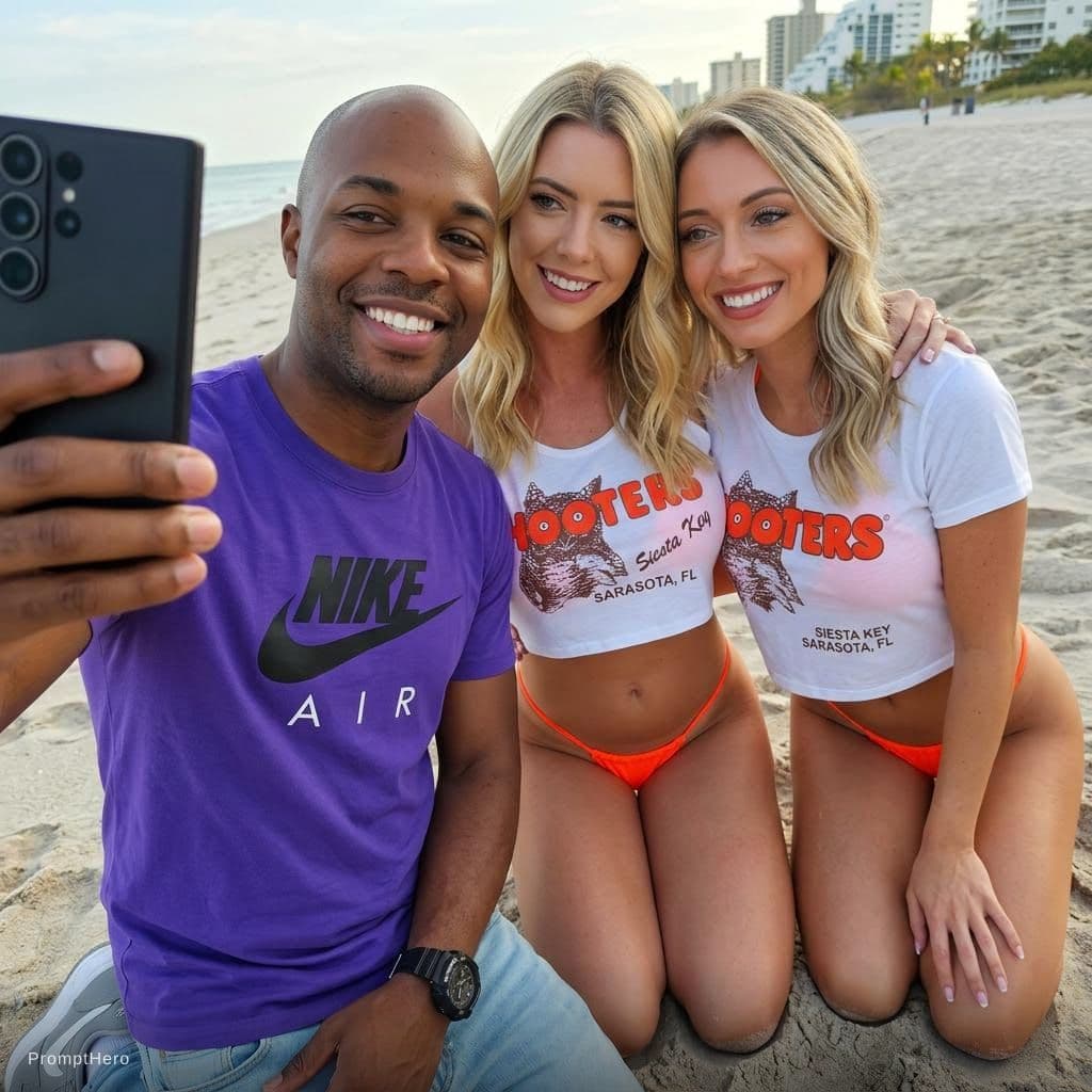 AI generated: Let's add him to the 1st photo. They are all taking a selfie 🤳 together. He is wearing a purple Nik...