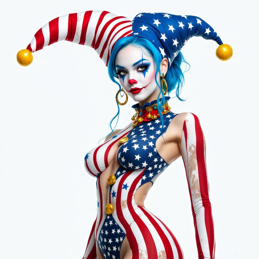 AI generated: A female jester with blue hair, wearing with American flag patterns, in the style of James Jean. add...