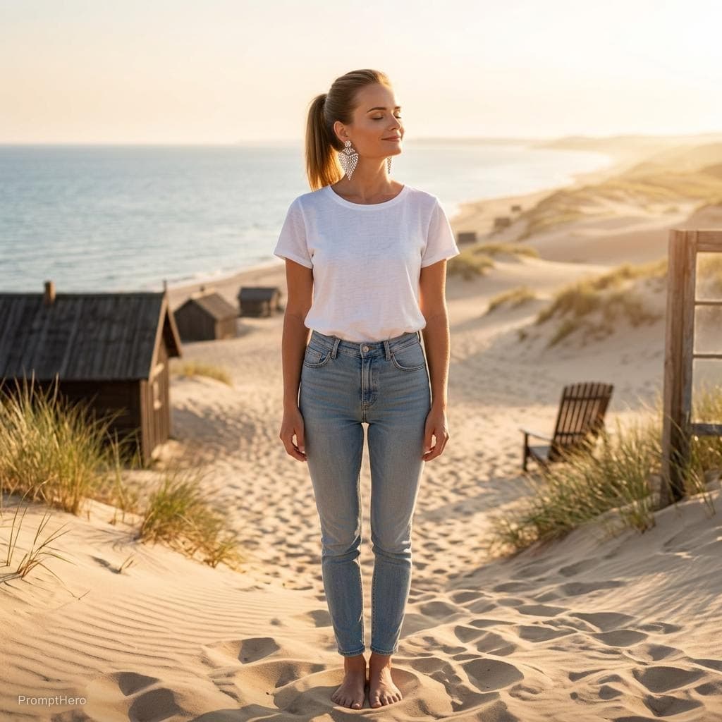 AI generated: a dark blond woman with ponytail hair slim waste, flat chest is standing in the beach, in the style ...