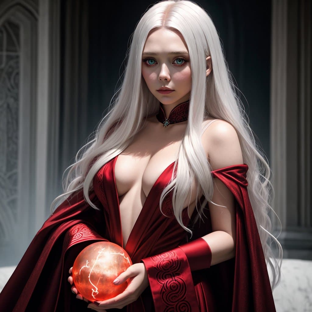AI generated: elizabeth olsen close up portrait as the woman in the style of nightmarish creatures, white and crim...