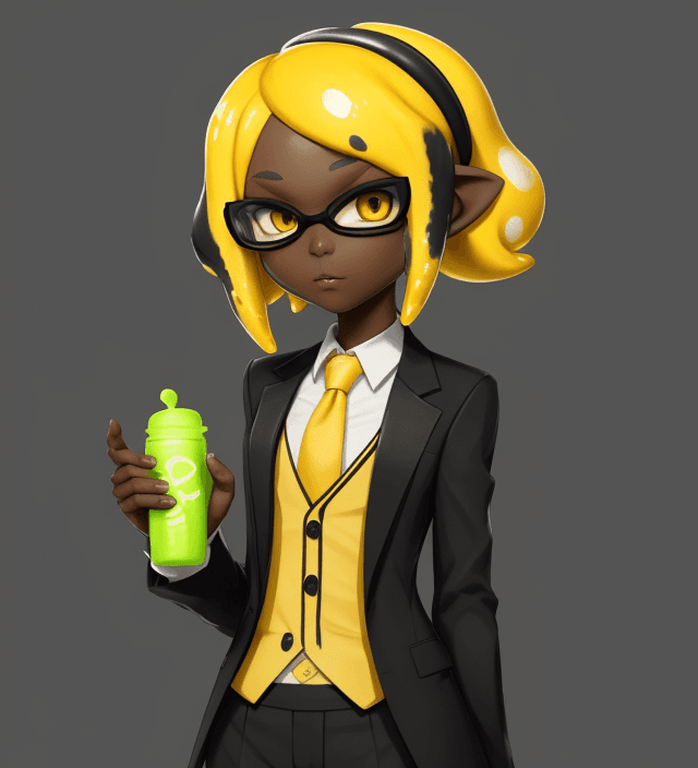 AI generated: splatoon, inkling, short hair, dark skin, yellow hair, formal clothes, female
