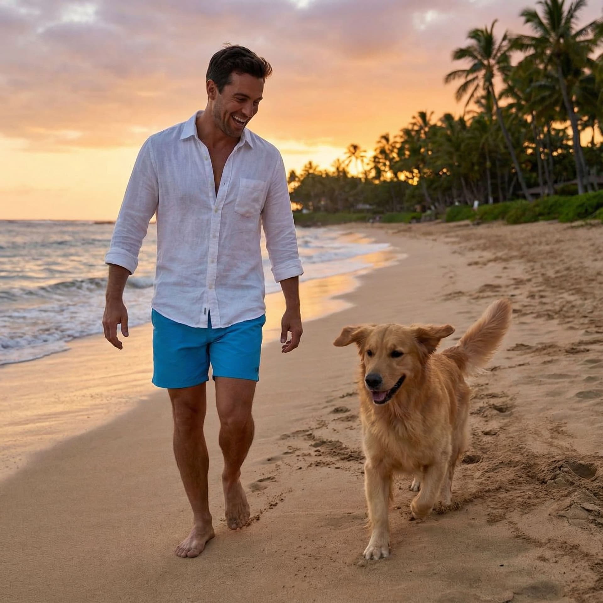 AI generated: Gere um video na praia com o rapaz na imagem sorrindo ao lado de um cachorro correndo.