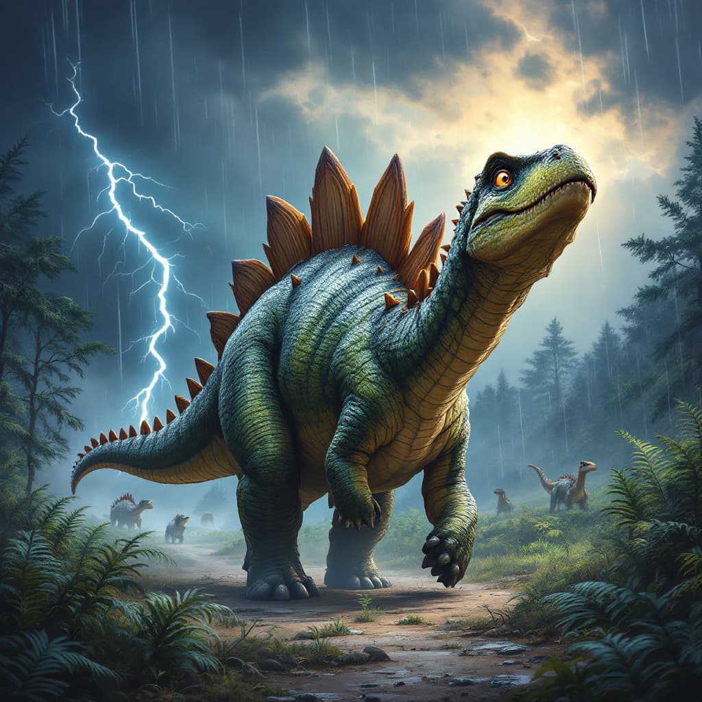 AI generated: Image is a realistic, detailed illustration of a Stegosaurus walking away into the distance as if mi...
