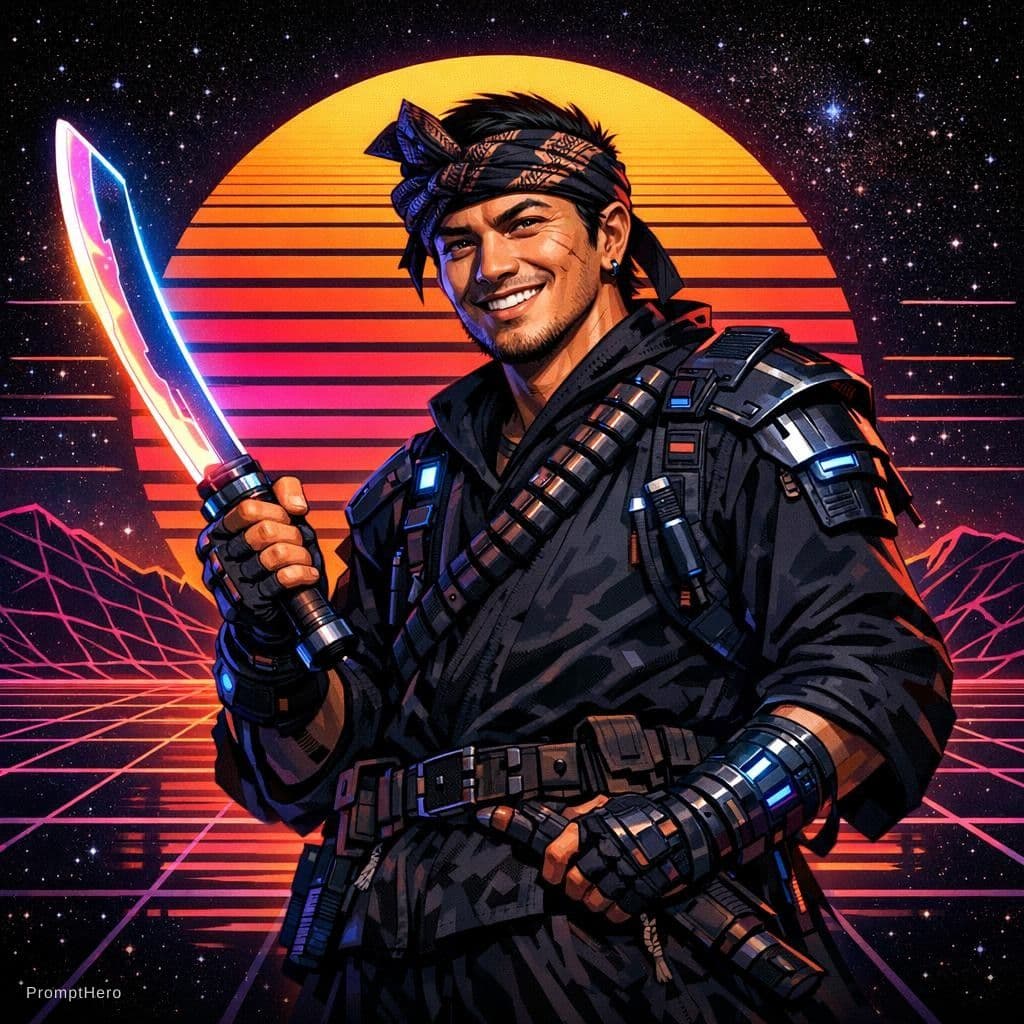 AI generated: cyberpunk Sundanese warrior (jawara), wearing traditional black pangsi outfit with modern cyberpunk ...
