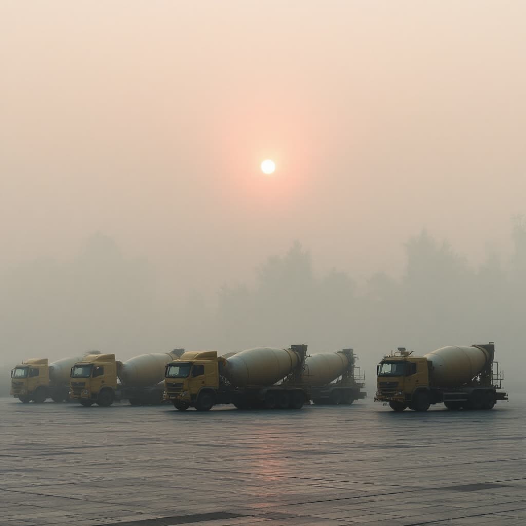 AI generated: Sunrise. Calm light breaks through the fog. A row of yellow concrete mixers trucks stands in the squ...
