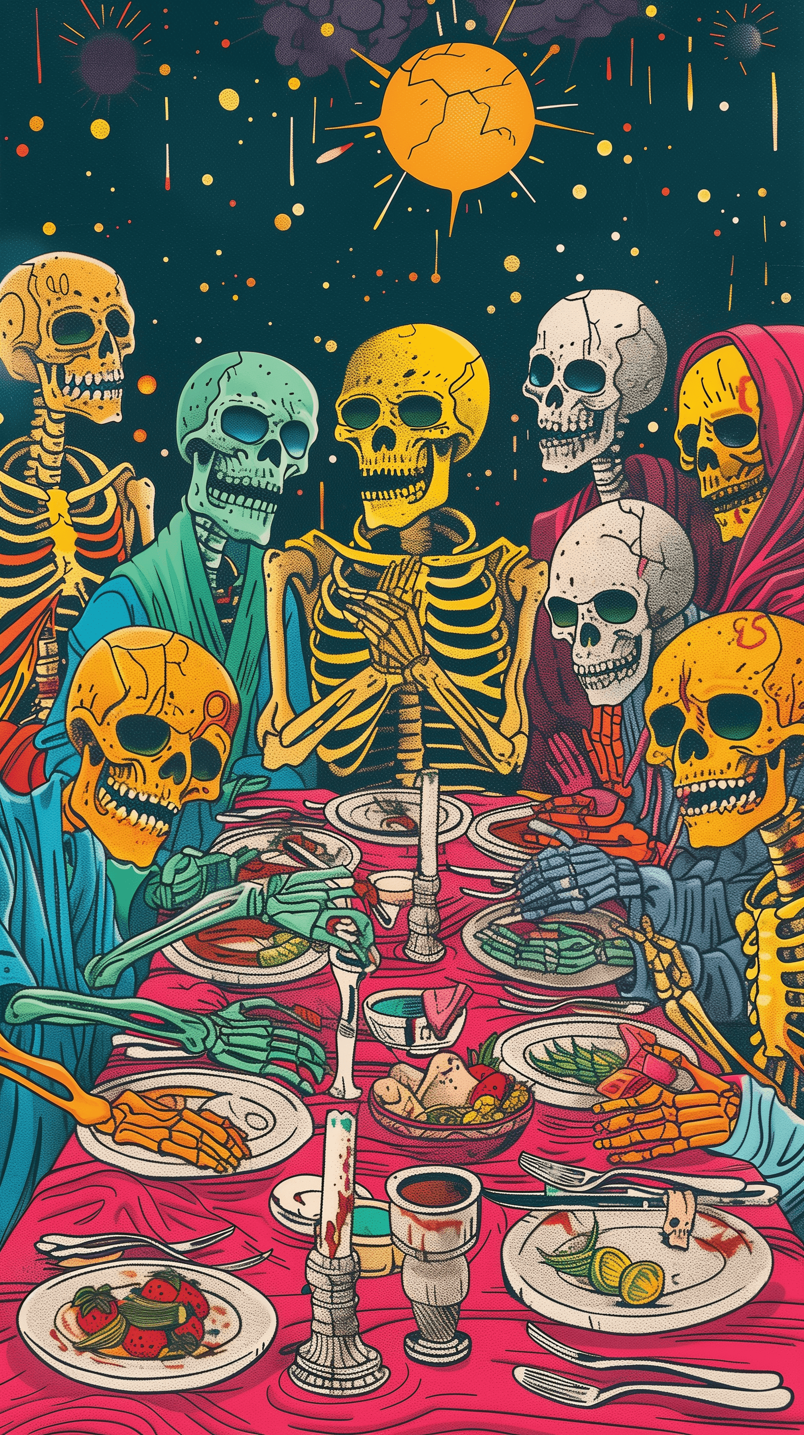 AI generated: illustration, "the last supper", twelve colorful skeletons, humorus, pop-art style, many details --a...
