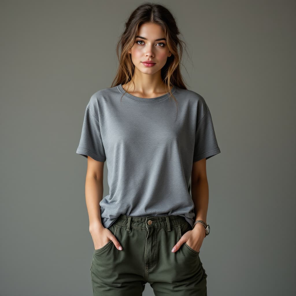 AI generated: A beautiful Girl looks like actress.  she is 23 years old. She wearing pant and full tshirt, the t-s...