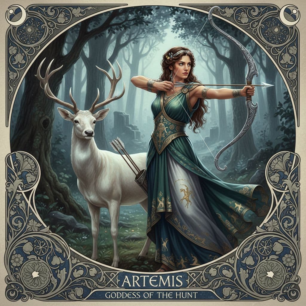 AI generated: A super realistic airbrush finished full figure image of the beautiful Greek goddess Artemis taking ...