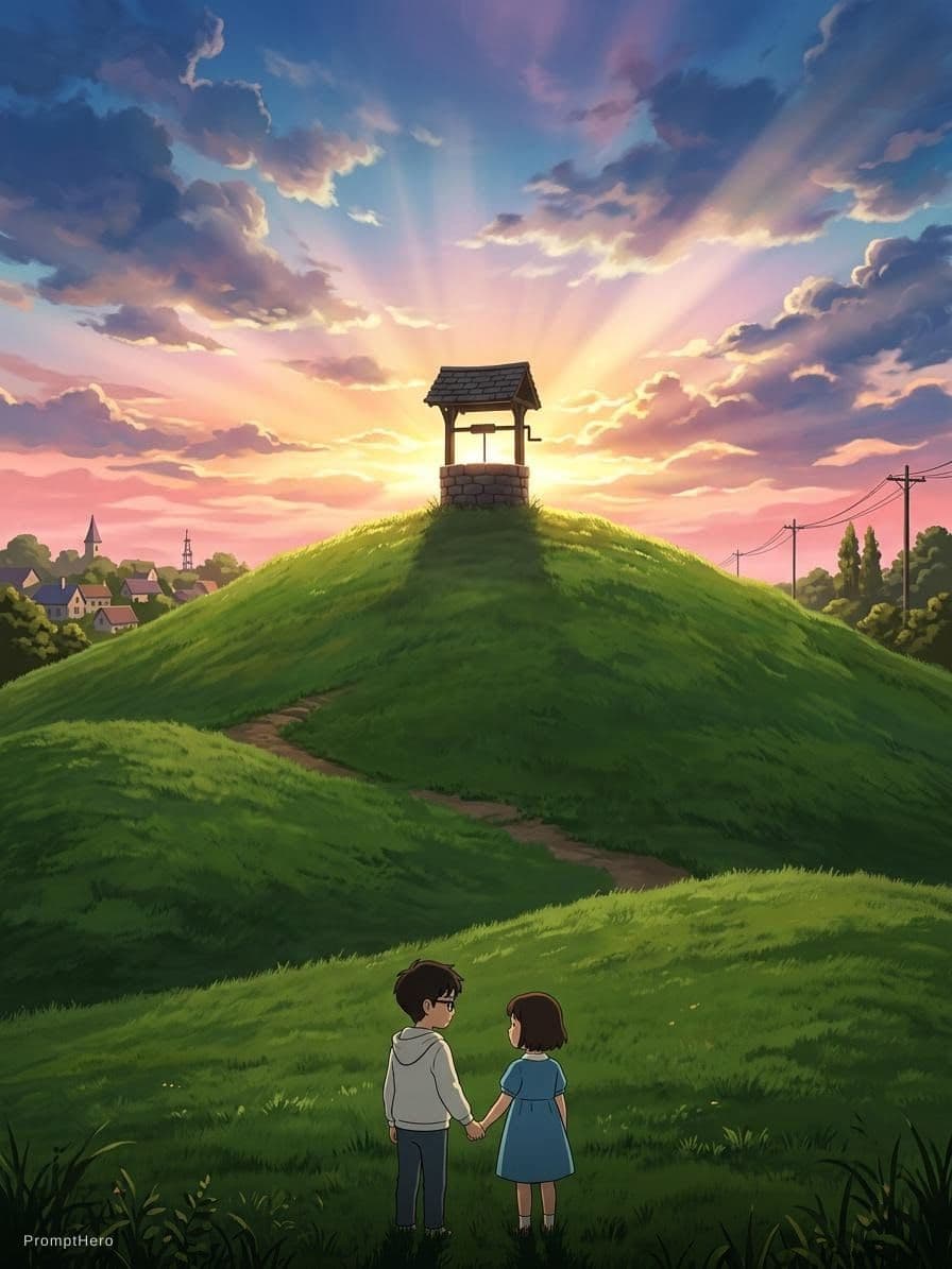 AI generated: a highly detailed matte painting of a young boy and girl at the bottom of a huge hill and at the top...