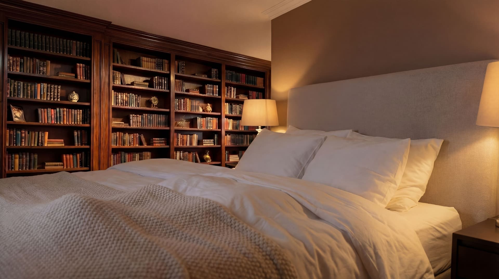 AI generated: There is no model in bed. The bed is well made. There is a large luxurious bookshelf in the backgrou...