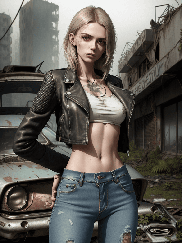 AI generated: A portrait image of a young, skinny woman with small breasts, dressed in a trendy jeans crop top and...